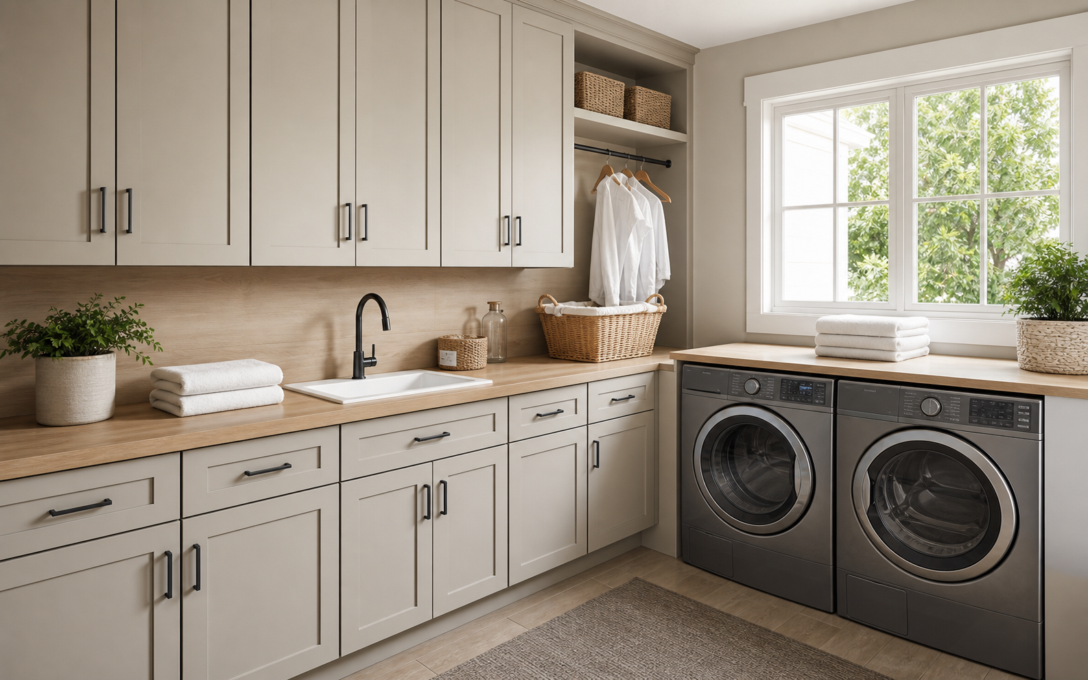 Laundry room with wall cabinets, base cabinets, folding surface, washer and dryer
