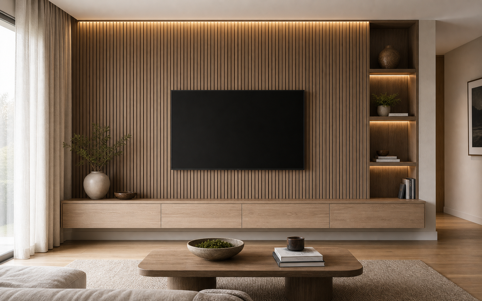 Living room feature wall with decorative wood panels and floating storage cabinet