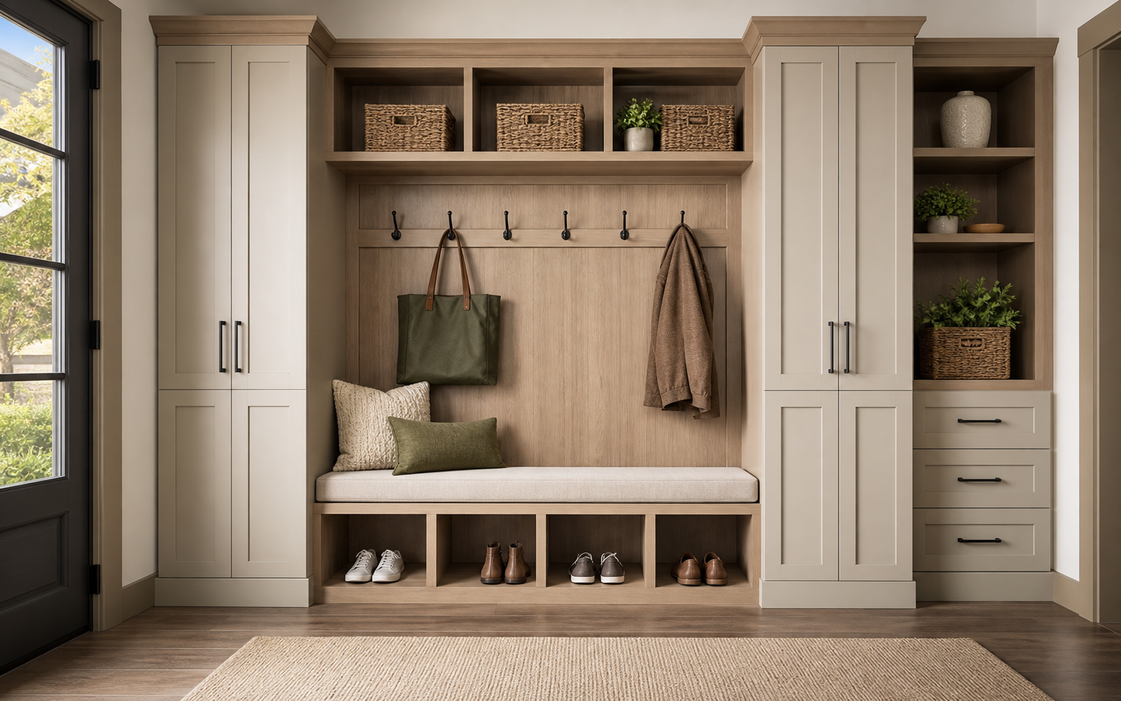 Mudroom entry storage with bench cabinets, hooks, shelves, and tall storage