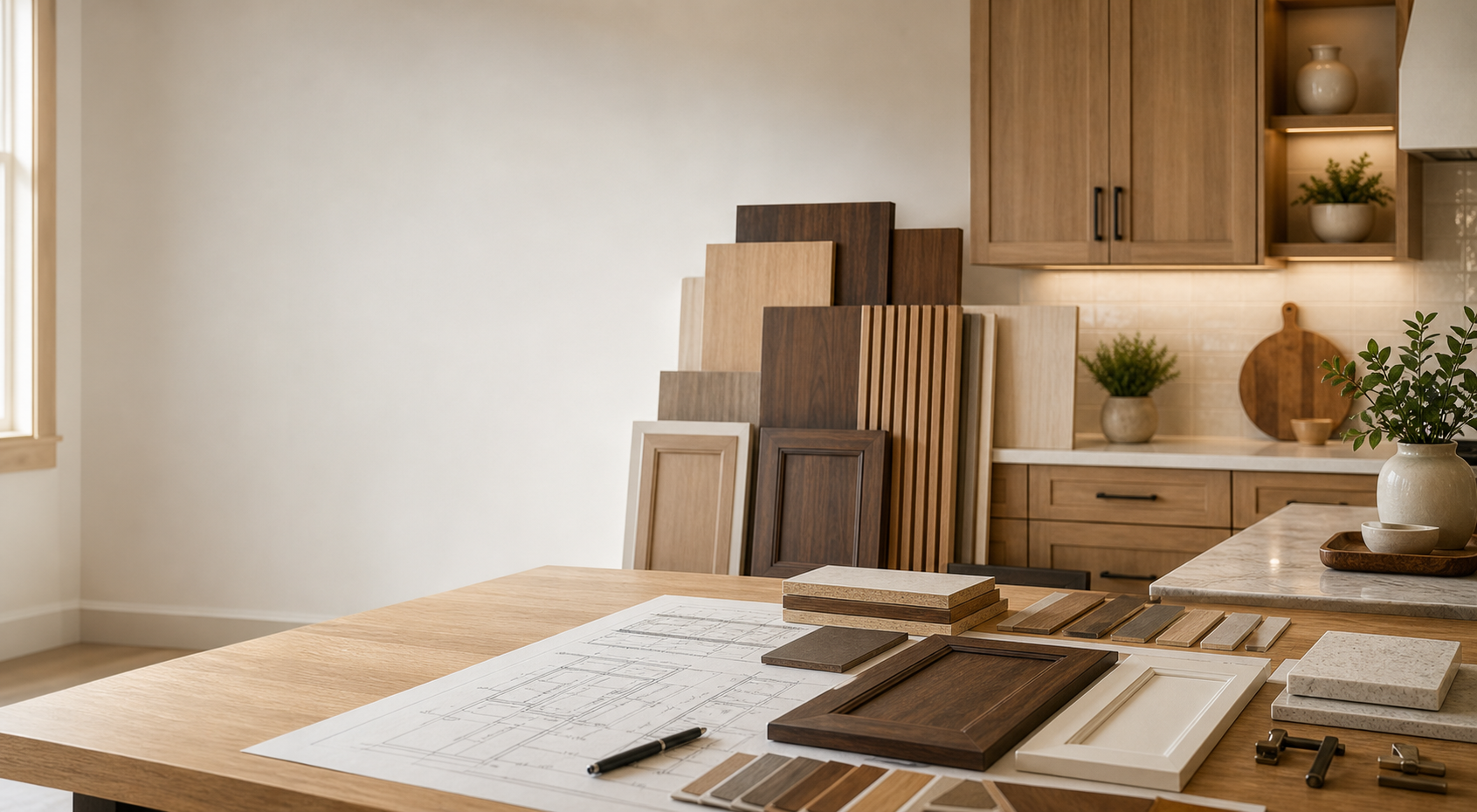 Custom cabinetry, wood panels, finish samples, and project drawings in a residential renovation showroom